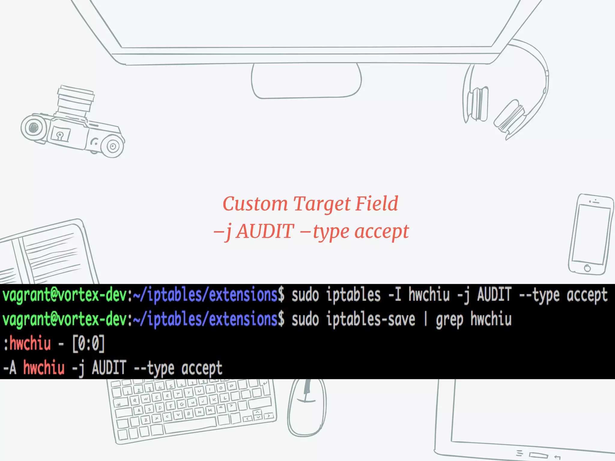 Custom Target Field
–j AUDIT –type accept
 