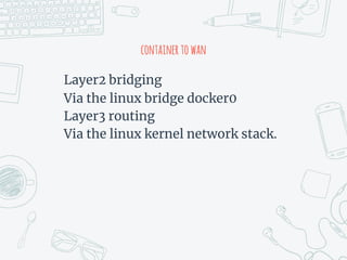 containertowan
Layer2 bridging
Via the linux bridge docker0
Layer3 routing
Via the linux kernel network stack.
 