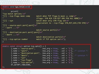 Architecture
iptables/extensions/libxt_tcp.c
c
 