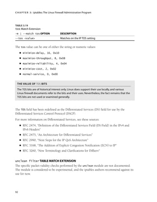 C H A P T E R 3 : iptables:The Linux Firewall Administration Program
92
TABLE 3.19
tos Match Extension
-m | --match tos OPTION DESCRIPTION
--tos <value> Matches on the IP TOS setting
The tos value can be one of either the string or numeric values:
■ minimize-delay, 16, 0x10
■ maximize-throughput, 8, 0x08
■ maximize-reliability, 4, 0x04
■ minimize-cost, 2, 0x02
■ normal-service, 0, 0x00
THE VALUE OF TOS BITS
The TOS bits are of historical interest only. Linux does support their use locally, and various
Linux firewall documents refer to the bits and their uses. Nevertheless, the fact remains that the
TOS bits are not used or examined generally.
The TOS field has been redefined as the Differentiated Services (DS) field for use by the
Differentiated Services Control Protocol (DSCP).
For more information on Differentiated Services, see these sources:
■ RFC 2474, “Definition of the Differentiated Services Field (DS Field) in the IPv4 and
IPv6 Headers”
■ RFC 2475, “An Architecture for Differentiated Services”
■ RFC 2990, “Next Steps for the IP QoS Architecture”
■ RFC 3168, “The Addition of Explicit Congestion Notification (ECN) to IP”
■ RFC 3260, “New Terminology and Clarifications for Diffserv”
unclean filter TABLE MATCH EXTENSION
The specific packet-validity checks performed by the unclean module are not documented.
The module is considered to be experimental, and the iptables authors recommend against its
use for now.
05_0672327716_ch03.qxd 8/12/05 10:48 AM Page 92
 
