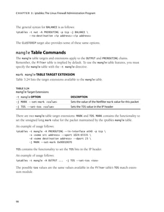 C H A P T E R 3 : iptables:The Linux Firewall Administration Program
98
The general syntax for BALANCE is as follows:
iptables -t nat -A PREROUTING -p tcp -j BALANCE 
--to-destination <ip address>-<ip address>
The CLUSTERIP target also provides some of these same options.
mangle Table Commands
The mangle table targets and extensions apply to the OUTPUT and PREROUTING chains.
Remember, the filter table is implied by default. To use the mangle table features, you must
specify the mangle table with the -t mangle directive.
mark mangle TABLE TARGET EXTENSION
Table 3.24 lists the target extensions available to the mangle table.
TABLE 3.24
mangle Target Extensions
-t mangle OPTION DESCRIPTION
-j MARK --set-mark <value> Sets the value of the Netfilter mark value for this packet
-j TOS --set-tos <value> Sets the TOS value in the IP header
There are two mangle table target extensions: MARK and TOS. MARK contains the functionality to
set the unsigned long mark value for the packet maintained by the iptables mangle table.
An example of usage follows:
iptables -t mangle -A PREROUTING --in-interface eth0 -p tcp 
-s <some src address> --sport 1024:65535 
-d <some destination address> --dport 23 
-j MARK --set-mark 0x00010070
TOS contains the functionality to set the TOS bits in the IP header.
An example of usage follows:
iptables -t mangle -A OUTPUT ... -j TOS --set-tos <tos>
The possible tos values are the same values available in the filter table’s TOS match exten-
sion module.
05_0672327716_ch03.qxd 8/12/05 10:48 AM Page 98
 