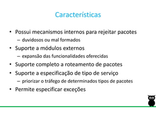 CaracterísticasPossui mecanismos internos para rejeitar pacotesduvidosos ou mal formadosSuporte a módulos externosexpansão das funcionalidades oferecidasSuporte completo a roteamento de pacotesSuporte a especificação de tipo de serviçopriorizar o tráfego de determinados tipos de pacotesPermite especificar exceções