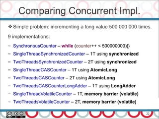 22
Simple problem: incrementing a long value 500 000 000 times.
9 implementations:
‒ SynchronousCounter – while (counter++ < 500000000){}
‒ SingleThreadSynchronizedCounter – 1T using synchronized
‒ TwoThreadsSynchronizedCounter – 2T using synchronized
‒ SingleThreadCASCounter – 1T using AtomicLong
‒ TwoThreadsCASCounter – 2T using AtomicLong
‒ TwoThreadsCASCounterLongAdder – 1T using LongAdder
‒ SingleThreadVolatileCounter – 1T, memory barrier (volatile)
‒ TwoThreadsVolatileCounter – 2T, memory barrier (volatile)
Comparing Concurrent Impl.
 