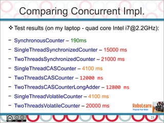23
Test results (on my laptop - quad core Intel i7@2.2GHz):
− SynchronousCounter – 190ms
− SingleThreadSynchronizedCounter – 15000 ms
− TwoThreadsSynchronizedCounter – 21000 ms
− SingleThreadCASCounter – 4100 ms
− TwoThreadsCASCounter – 12000 ms
− TwoThreadsCASCounterLongAdder – 12800 ms
− SingleThreadVolatileCounter – 4100 ms
− TwoThreadsVolatileCounter – 20000 ms
Comparing Concurrent Impl.
 