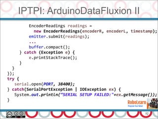 52
IPTPI: ArduinoDataFluxion II
EncoderReadings readings =
new EncoderReadings(encoderR, encoderL, timestamp);
emitter.submit(readings);
...
buffer.compact();
} catch (Exception e) {
e.printStackTrace();
}
}
});
try {
serial.open(PORT, 38400);
} catch(SerialPortException | IOException ex) {
System.out.println(“SERIAL SETUP FAILED:"+ex.getMessage());
}
 