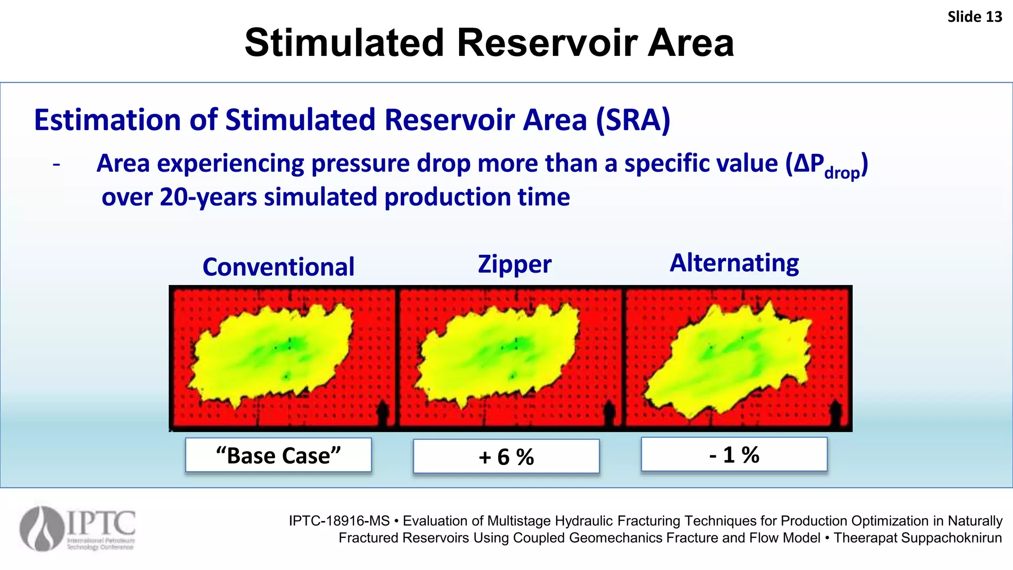 Stimulated Reservoir Area
Slide 13
IPTC-18916-MS • Evaluation of Multistage Hydraulic Fracturing Techniques for Production Optimization in Naturally
Fractured Reservoirs Using Coupled Geomechanics Fracture and Flow Model • Theerapat Suppachoknirun
Estimation of Stimulated Reservoir Area (SRA)
- Area experiencing pressure drop more than a specific value (ΔPdrop)
over 20-years simulated production time
Conventional
+ 6 %“Base Case” - 1 %
Zipper Alternating
 