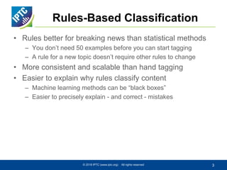 Rules-Based Classification
• Rules better for breaking news than statistical methods
– You don’t need 50 examples before y...