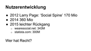 Nutzerentwicklung
● 2012 Larry Page: ‘Social Spine’ 170 Mio
● 2014 360 Mio
● 2015 leichter Rückgang
o wearesocial.net: 343M
o statista.com: 300M
Wer hat Recht?
 