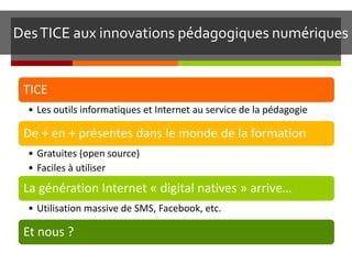 Des TICE aux innovations pédagogiques numériques


 TICE
  • Les outils informatiques et Internet au service de la pédagogie

 De + en + présentes dans le monde de la formation
  • Gratuites (open source)
  • Faciles à utiliser
 La génération Internet « digital natives » arrive…
  • Utilisation massive de SMS, Facebook, etc.

 Et nous ?
 