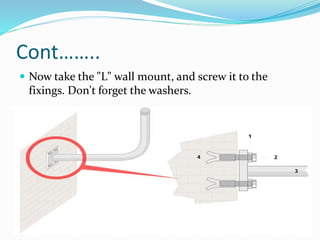 Cont……..
 Now take the "L" wall mount, and screw it to the
fixings. Don't forget the washers.
 