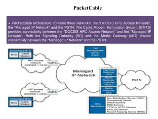 PacketCable 
 PacketCable architecture contains three networks: the "DOCSIS HFC Access Network", 
the "Managed IP Network" and the PSTN. The Cable Modem Termination System (CMTS) 
provides connectivity between the "DOCSIS HFC Access Network" and the "Managed IP 
Network". Both the Signaling Gateway (SG) and the Media Gateway (MG) provide 
connectivity between the "Managed IP Network" and the PSTN. 
Architecture of a typical VoIP/SIP scenario 
 