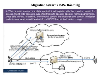 Migration towards IMS- Roaming 
 When a user turns on a mobile terminal, it will register with the operator domain for 
access. World-wide access is supported thanks to operator-operator roaming agreements. 
Once able to send IP-packets, the client will contact the enterprise.com domain to register 
under its new location and thereby inform SIP PBX about the location change. 
INVITE 
INVITE 
Client Based Solution 
 
