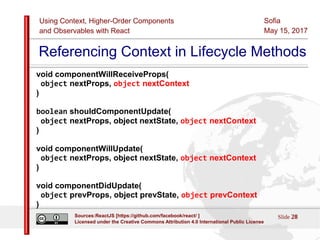 Using Context, Higher-Order Components
and Observables with React
Sofia
May 15, 2017
Slide 28Sources:ReactJS [https://github.com/facebook/react/ ]
Licensed under the Creative Commons Attribution 4.0 International Public License
Referencing Context in Lifecycle Methods
void componentWillReceiveProps(
object nextProps, object nextContext
)
boolean shouldComponentUpdate(
object nextProps, object nextState, object nextContext
)
void componentWillUpdate(
object nextProps, object nextState, object nextContext
)
void componentDidUpdate(
object prevProps, object prevState, object prevContext
)
 