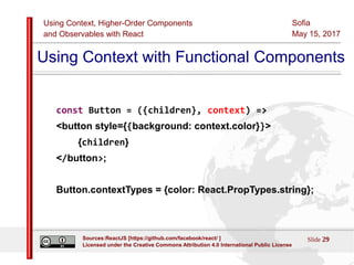 Using Context, Higher-Order Components
and Observables with React
Sofia
May 15, 2017
Slide 29Sources:ReactJS [https://github.com/facebook/react/ ]
Licensed under the Creative Commons Attribution 4.0 International Public License
Using Context with Functional Components
const Button = ({children}, context) =>
<button style={{background: context.color}}>
{children}
</button>;
Button.contextTypes = {color: React.PropTypes.string};
 