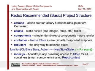 Using Context, Higher-Order Components
and Observables with React
Sofia
May 15, 2017
Slide 37Sources:ReactJS [https://github.com/facebook/react/ ]
Licensed under the Creative Commons Attribution 4.0 International Public License
Redux Recommended (Basic) Project Structure
actions – action creator factory functions (design pattern
Command)
assets – static assets (css images, fonts, etc.) folder
components – simple (dumb) react components – pure render
container – Redux Store aware (smart) component wrappers
reducers – the only way to advance state:
function(OldStoreState, Action) => NewStoreState // = Rx scan()
index.js – bootstraps app providing access to Store for all
containers (smart components) using React context
 