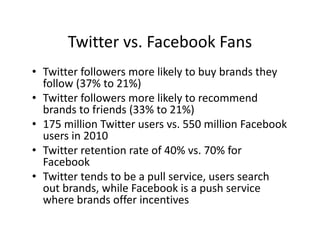 Twitter vs. Facebook Fans
• Twitter followers more likely to buy brands they
follow (37% to 21%)
• Twitter followers more likely to recommend
brands to friends (33% to 21%)
• 175 million Twitter users vs. 550 million Facebook
users in 2010
• Twitter retention rate of 40% vs. 70% for
Facebook
• Twitter tends to be a pull service, users search
out brands, while Facebook is a push service
where brands offer incentives
 