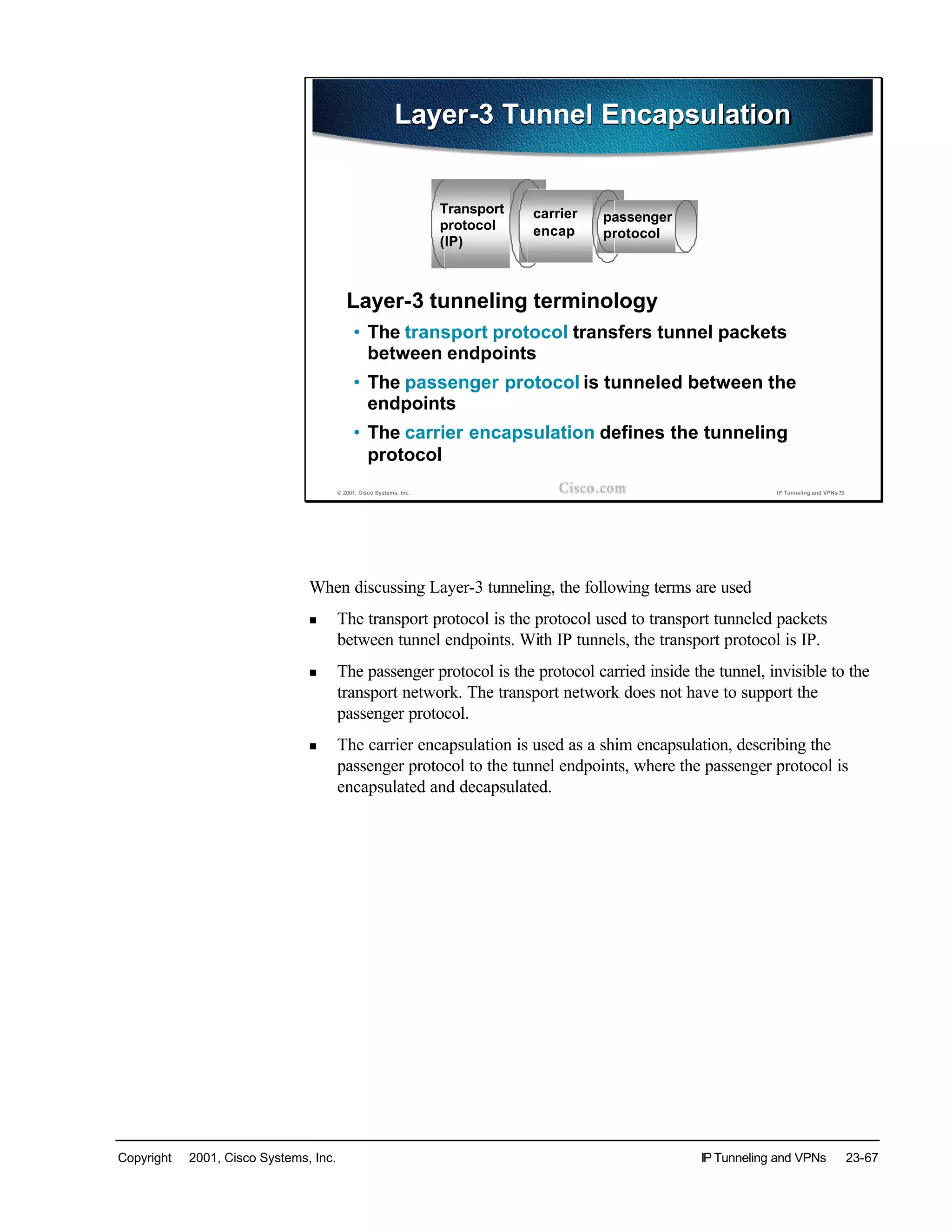 Copyright © 2001, Cisco Systems, Inc. IP Tunneling and VPNs 23-67
© 2001, Cisco Systems, Inc. IP Tunneling and VPNs-73
Layer-3 Tunnel EncapsulationLayer-3 Tunnel Encapsulation
Layer-3 tunneling terminology
• The transport protocol transfers tunnel packets
between endpoints
• The passenger protocol is tunneled between the
endpoints
• The carrier encapsulation defines the tunneling
protocol
passenger
protocol
Transport
protocol
(IP)
carrier
encap
When discussing Layer-3 tunneling, the following terms are used
n The transport protocol is the protocol used to transport tunneled packets
between tunnel endpoints. With IP tunnels, the transport protocol is IP.
n The passenger protocol is the protocol carried inside the tunnel, invisible to the
transport network. The transport network does not have to support the
passenger protocol.
n The carrier encapsulation is used as a shim encapsulation, describing the
passenger protocol to the tunnel endpoints, where the passenger protocol is
encapsulated and decapsulated.
 