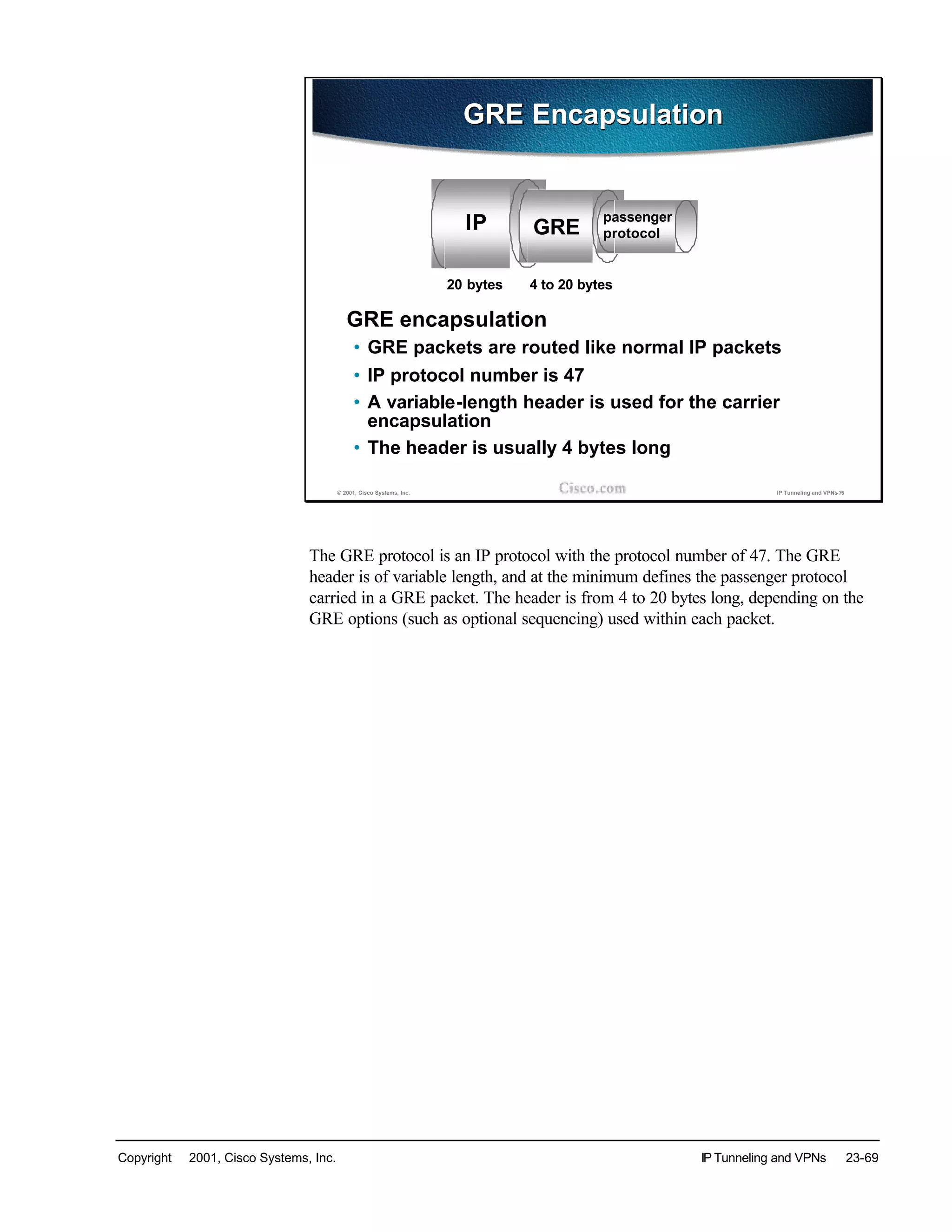Copyright © 2001, Cisco Systems, Inc. IP Tunneling and VPNs 23-69
© 2001, Cisco Systems, Inc. IP Tunneling and VPNs-75
GRE EncapsulationGRE Encapsulation
GRE encapsulation
• GRE packets are routed like normal IP packets
• IP protocol number is 47
• A variable-length header is used for the carrier
encapsulation
• The header is usually 4 bytes long
passenger
protocol
IP GRE
20 bytes 4 to 20 bytes
The GRE protocol is an IP protocol with the protocol number of 47. The GRE
header is of variable length, and at the minimum defines the passenger protocol
carried in a GRE packet. The header is from 4 to 20 bytes long, depending on the
GRE options (such as optional sequencing) used within each packet.
 
