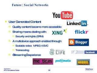 User Generated Content Quality content became more accessible Sharing means dealing with: Security and rights (DRM) A multidevice approach enabled through: Scalable video:  MPEG 4 SVC Transcoding “ Streaming” experience Future: Social Networks 