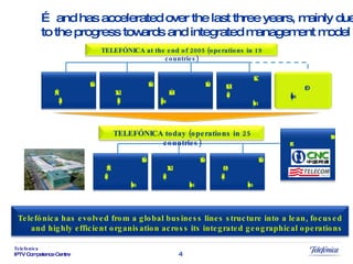 …  and has accelerated over the last three years, mainly due to the progress towards and integrated management model TELEFÓNICA  ESPAÑA (fixed) TELEFÓNICA  LATAM (fixed) TELEFÓNICA  MÓVILES (Spain+Latam) CESKY  TELECOM (fixed and mobile) O2 (mobile) TELEFÓNICA at the end of 2005 (operations in 19 countries) TELEFÓNICA  ESPAÑA (fixed and mobile) TELEFÓNICA  LATAM (fixed and mobile) TELEFÓNICA  EUROPE (fixed and mobile) TELEFÓNICA today (operations in 25 countries) INTERNATIONAL ALLIANCES Telefónica has evolved from a global business lines structure into a lean, focused and highly efficient organisation across its integrated geographical operations 