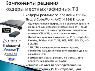 кодеры реального времени  Trinity-Elecard CodecWorks AVC  ( H.264) Encoder Одновременное кодирование в реальном времени из одного или нескольких источников от 1-го до 6-ти каналов с разными профилями, скоростями потоков ( CBR/VBR)  и/или разрешениями; Любой тип входных интерфейсов:  IP  ( tcp/rtp/udp), Firewire, SVideo, YUV, YUVS, RGB, RGBS, SD-SDI, HD-SDI, ASI ; 1 RU, 2RU  в зависимости от конфигурации, количества каналов и типов интерфейсов, до 6  D1  каналов в 1 RU; Возможность врезки рекламы по меткам, авто определению рекламной паузы; Устанавливаются непосредственно на местных студиях ( SDI  интерфейс) ,  для максимально качественной «картинки» или используются проф. эфирные тюнеры и антенный комплекс КТВ. 