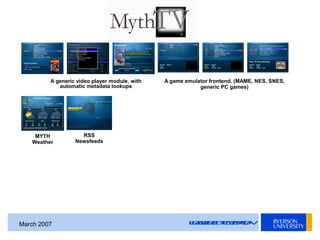 LEADERSOFTOMORROWMarch 2007
MYTH
Weather
RSS
Newsfeeds
A generic video player module, with
automatic metadata lookups
A ga...