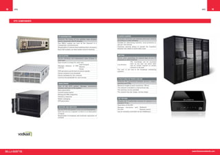 18   IPTV                                                                                                                                          IPTV     19



     IPTV Components




                       IP CONTRIBUTION                                          PLAYOUT SERVER

                       Performs the tuning of Live satellite video streams      Generates multicast Live channels with local contents
                       and its conversion into IP streams.                      according to a time schedule.
                       One DVB-S module can tune all the channels in a          Suitable for advertising channels, local promotion or
                       transponder simultaneously                               pay per view movies
                       Responsible of channel descrambling when necessary       Seamless splicing allows to smooth the transition
                                                                                between two videos to avoid video noise
                       Each CAS module can descramble several channels



                       VoD CLUSTER                                              NET PVR
                       Serves individual and independent video streams to       Stores cyclic recordings for several days of Live TV
                       each user.                                               Channels or CCTV Cameras.
                       Each stream is unique for each user                                        The recordings can be accessed
                                                                                                  later so one user can watch what
                                                     Fast Forward               Live Archive
                       Manages behavior of VCR                                                    was on certain channel on certain
                                                     Rewind                                       moment in the past
                       controls
                                                     Pause                      The user is not tied to the broadcast scheduling
                       VCR operations performed at several speeds               anymore
                       Stores contents to be streamed
                       Stores metadata for this contents
                       Controls the bandwidth for each stream
                                                                                STRUCTURED NETWORK CABLING
                                                                                Performs the connections between servers, routers,
                       MIDDLEWARE                                               switches and STBs.
                       Core of the IPTV system. Manages interactions            Maximum length of each connection: 100 mt.
                       between each part of the system.                         The network is divided in a hierarchical way
                       Menu generation                                          The switches can be cascaded
                       Content authorization                                    The network has star shape, not bus shape
                       Billing and PMS integration
                       Statistics collection
                       Media cataloging                                         SET TOP BOX
                       EPG generation                                           Decodes the IP audio/video streams for playing it in a
                                                                                standard TV set.
                                                                                Generation of the GUI
                       ROUTERS AND SWITCHES                                     Manages interaction with Keyboard
                       Carries IPTV info packets to the correct destinations.   the user                       Remote control
                       Each one acts as a repeater so there is no attenuation   Can be remotely controlled via the middleware
                       of signal
                       Responsible of broadcast and multicast replication of
                       streams




                                                                                                                                         www.blusensnetworks.com
 