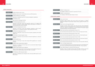 32     Middleware                                                                                                                                                                                        Middleware      33



 VoDKAST Middleware
                                                                                                               VTL-FUL-1.0        VoDKAST Lite Base license

                                                                                                                                  Full VoDKAST middleware license for a maximum of 15 users.
       VTV-MID-1.0    VoDK AST Middleware Base License
                                                                                                               VTL-DEM-1.0        VoDKAST Lite Demonstrator
                      Middleware base license. Provides basic services as STB monitoring
                                                                                                                                  Full middleware HW+SW bundle limited to 10 users.
       VTV-LTV-1.0    VoDKAST Middleware LiveTV option
                                                                                                         Pulsar Digital Signage
                      Upgrades the middleware with live TV channel management capabilities.

       VTV-STB-1.0    25 STB Base license
                                                                                                               PDS-BAS-1.0        Pulsar server license
                      Base license for a package of 25 STB
                                                                                                                                  Standalone Digital signage server base license. Not required if a Vodkast
       VTV-SAP-1.0    25 STB Simple applications license                                                                          Middleware (VTV-BAS-1.0) with digital signage module upgrade (VTV-DSM-1.0) is
                                                                                                                                  present.
                      Upgrades the STB basic license with capabilities required for TV zapping, EPG
                      browsing or decoding of a Digital Signage channel. Not required if a VTV-AAP-1.0         PDS-MUL-1.0        Pulsar server multi organization option
                      advanced applications license is present.
                                                                                                                                  Upgrades the Pulsar Digital Signage server with multi-role, multi organization
       VTV-AAP-1.0    25 STB Advanced applications license                                                                        capabilities. Allows the management of several Digiltal Signage networks with the
                                                                                                                                  same server. Allows the management of certain elements of the digital signage
                      Upgrades the STB basic license with hospitality capabilities, wake-up alarm,                                schedule/templates to third party subsidaries.
                      billing check, etc. Includes the VTV-SAP-1.0 basic applications license.
                                                                                                               PDS-LCX-1.0        Pulsar low connectivity channel generator license ( 10)
       VTV-IAP-1.0    25 STB Internet Applications license
                                                                                                                                  Low connectivity channel generator license, price per unit if less than 10 units.
                      Upgrades the STB basic license with internet browsing capabilities, RSS feeds,
                      weather, etc.                                                                            PDS-LCL-1.0        Pulsar low connectivity channel generator license ( 50)

       VTV-VOD-1.0    25 STB Video on Demand support license                                                                      Low connectivity channel generator license, price per unit if less than 50 units.

                      Upgrades the STB basic license with Video on Demand capabilities for videoclub           PDS-LCC-1.0        Pulsar low connectivity channel generator license ( 100)
                      purposes.
                                                                                                                                  Low connectivity channel generator license, price per unit if less than 100 units.
       VTV-PVR-1.0    25 STB netPVR license
                                                                                                               PDS-LCM-1.0        Pulsar low connectivity channel generator license ( 100)
                      Upgrades the STB basic license with network PVR capabilities for recording
                      purposes.                                                                                                   Low connectivity channel generator license, price per unit if more than 100 units.

       VTV-DSM-1.0    VoDKAST Digital Signage Module Upgrade                                                   PLT-BAS-1.0        Pulsar Lite Digital signage system

                      Upgrades the middleware with both high and low connnectivity Digital Signage                                Low connectivity digital signage server and channel genrator for small deployments.
                      management capabilities                                                                                     Up to 10 low connectivity lite channel generators (PLT-EXT-1.0) are suported

       VTV-DSC-1.0    VoDKAST Digital Signage Channel Upgrade                                                  PLT-EXT-1.0        Pulsar Digital Signage Lite extended channel generator

                      Adds one Digital Signage High Connectivity Channel to the middleware. Requires a                            Upgrades a Pulsar Lite Digital signage system (PLT-BAS-1.0) with an extra low
                      middleware with digital signage module (VTV-DSM-1.0) installed.                                             connectivity channel generator. Up to 10 channel generators are supported.


       VTV-PMS-1.0    IPTV Middleware PMS integration Option

                      Upgrades the middleware with integration with a third party PMS system such as
                      Micros Opera.




                                                                                                                                                                                                      www.blusensnetworks.com
 