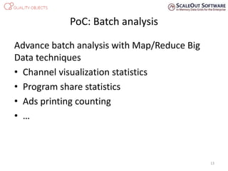 Advance batch analysis with Map/Reduce Big
Data techniques
• Channel visualization statistics
• Program share statistics
• Ads printing counting
• …
PoC: Batch analysis
13
 