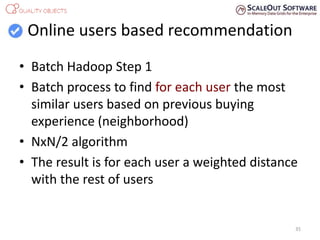 Online users based recommendation
• Batch Hadoop Step 1
• Batch process to find for each user the most
similar users based on previous buying
experience (neighborhood)
• NxN/2 algorithm
• The result is for each user a weighted distance
with the rest of users
35
 