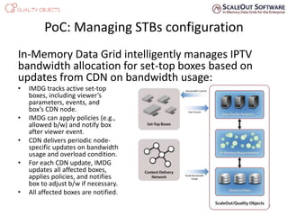 In-Memory Data Grid intelligently manages IPTV
bandwidth allocation for set-top boxes based on
updates from CDN on bandwidth usage:
• IMDG tracks active set-top
boxes, including viewer’s
parameters, events, and
box’s CDN node.
• IMDG can apply policies (e.g.,
allowed b/w) and notify box
after viewer event.
• CDN delivers periodic node-
specific updates on bandwidth
usage and overload condition.
• For each CDN update, IMDG
updates all affected boxes,
applies policies, and notifies
box to adjust b/w if necessary.
• All affected boxes are notified.
PoC: Managing STBs configuration
7
 