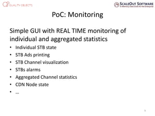 Simple GUI with REAL TIME monitoring of
individual and aggregated statistics
• Individual STB state
• STB Ads printing
• STB Channel visualization
• STBs alarms
• Aggregated Channel statistics
• CDN Node state
• …
PoC: Monitoring
9
 