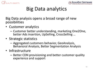 Big Data analytics
Big Data analysis opens a broad range of new
possibilities
• Customer analytics
– Customer better understanding, marketing One2One,
better Ads insertion, UpSelling, CrossSelling …
• Strategic statistics
– Aggregated customers behavior, GeoAnalysis,
Behavioral Analysis, Better Segmentation Analysis
• Infrastructure
– Better CDN provisioning and better customer quality
experience and support
92
 