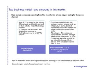 Two business model have emerged in this market
  State owned companies are using franchise model while private players opting for there own
  channel.


          • Airtel IPTV is based on the existing             • Franchise model includes two
            DSL network, and Airtel is going all               entities a content provider and an
            by itself with the help of technology              infrastructure owner. Content
            partners.                                          provider will broadcast content and
          • UTStarcom has a contract with                      utilize the infrastructure of other
            Bharti Airtel to supply its                        entity.
            RollingStream end-to- end IPTV                   • Advantages – New ideas and
            solution                                           capital into the business and high
                                                               speed-up the deployment of IPTV.
                                                             • Companies like BSNL and MTNL
                                                               are using this through IOL to
                                                               provide IPTV services in various
                                                               parts of India

                                                              Franchise model ( Call it
               Telcos going by
                                                               MVNO concept of IPTV
                 themselves
                                                                      market)




  Note: In the both the models revenue generation process, technology tie-ups and content tie-ups are almost similar

  Source: Company website, News articles, Industry interviews
                                                                                                    Knowledgefaber
 