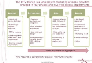 The IPTV launch is a long project consisting of many activities
                  grouped in four phases and involving several departments


     Concept              Development                                   Pilot           Launch


     • High-level           • Systems                            • Friends & Family    • Soft launch
     service definition     purchase and                         (100-200 users)       (optional)
                            integration
     • Platform (or                                              • Limited content     • Commercial
     modules)               • STB purchase                       and functionalities   offer (service
     selection              and testing                          (offline)             bundles, promos,
                                                                                       etc…)
     • RFP to vendors       • User interface                     • Data gathering
                            design                               and elaboration       • Marketing event
     • Draft budget for
     investments and        • Integration with                   • Fine tuning of      • Media campaign
     content costs          network and IT                       full scale
                            (CRM, billing,                       deployment            • Sales
     • Internal product     OSS)
     requirement


                                                  Content acquisition and aggregation


               Time required to complete the process: minimum 6 months

12                                         Madrid, 2009© SVP Advisors
 