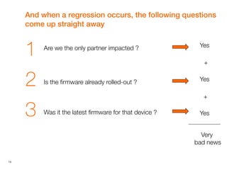 13
And when a regression occurs, the following questions
come up straight away
1
2
3
Are we the only partner impacted ?
Is the firmware already rolled-out ?
Was it the latest firmware for that device ?
Yes
Yes
Yes
+
+
Very
bad news
 