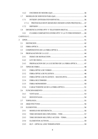 X
1.6.2 ENCODER DE MEJORA QoS ..................................................................... 36
1.7 MODELOS DE SERVICIO PARA QoS............................................................... 36
1.7.1 INTSERV (INTEGRATED SERVICES)...................................................... 36
1.7.1.1 PROTOCOLO RSVP (RESOURCE RESERVATION PROTOCOL) ..... 37
1.7.2 DIFFSERV..................................................................................................... 38
1.8 DIFERENCIA ENTRE IPTV Y TELEVISION DIGITAL................................... 39
1.8.1 CUADRO COMPARTIVO ENTRE IPTV Y LA TV POR INTERNET...... 40
CAPITULO 2......................................................................................................................... 41
2 GPON............................................................................................................................. 41
2.1 DEFINICION......................................................................................................... 42
2.2 FIBRA OPTICA .................................................................................................... 42
2.3 COMPONENTES DE LA FIBRA OPTICA ......................................................... 43
2.4 PROPAGACION DE LA LUZ.............................................................................. 44
2.4.1 INDICE DE REFRACCION ......................................................................... 44
2.4.2 LEY DE SNELL............................................................................................ 45
2.4.3 PROPAGACION DE LA LUZ DETRO DE LA FIBRA OPTICA............... 47
2.5 TIPOS DE FIBRA ................................................................................................. 48
2.5.1 FIBRA ÓPTICA DE VIDRIO ....................................................................... 48
2.5.2 FIBRA ÓPTICA DE PLÁSTICO. ................................................................. 48
2.5.3 FIBRA ÓPTICA DE PLÁSTICO – SILICIO (PCS) ..................................... 48
2.5.4 FIBRA MULTIMODO.................................................................................. 49
2.5.5 FIBRA MONOMODO .................................................................................. 50
2.5.6 CARACTERISTICAS DE LA FIBRA OPTICA .......................................... 51
2.6 FUNCIONAMIENTO ........................................................................................... 52
2.6.1 VENTAJAS ................................................................................................... 53
2.6.2 DESVENTAJAS............................................................................................ 54
2.7 TOPOLOGIA......................................................................................................... 55
2.8 ARQUITECTURA ................................................................................................ 56
2.9 ELEMENTOS........................................................................................................ 56
2.9.1 MODELO DE REFERENCIA....................................................................... 56
2.9.2 TIME DIVISION MULTIPLEXING – TDM................................................ 57
2.9.3 TIME DIVISION MULTIPLE ACCESS – TDMA....................................... 58
2.9.4 ELEMENTOS ACTIVOS.............................................................................. 59
2.9.5 OLT – OPTICAL LINE TERMINATION .................................................... 59
 