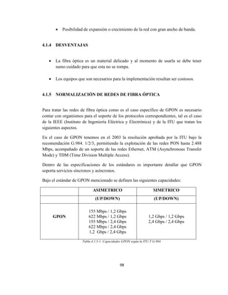 98
 Posibilidad de expansión o crecimiento de la red con gran ancho de banda.
4.1.4 DESVENTAJAS
 La fibra óptica es un material delicado y al momento de usarla se debe tener
sumo cuidado para que esta no se rompa.
 Los equipos que son necesarios para la implementación resultan ser costosos.
4.1.5 NORMALIZACIÓN DE REDES DE FIBRA ÓPTICA
Para tratar las redes de fibra óptica como es el caso específico de GPON es necesario
contar con organismos para el soporte de los protocolos correspondientes, tal es el caso
de la IEEE (Instituto de Ingeniería Eléctrica y Electrónica) y de la ITU que tratan los
siguientes aspectos.
En el caso de GPON tenemos en el 2003 la resolución aprobada por la ITU bajo la
recomendación G.984. 1/2/3, permitiendo la explotación de las redes PON hasta 2.488
Mbps, acompañado de un soporte de las redes Ethernet, ATM (Asynchronous Transfer
Mode) y TDM (Time Division Multiple Access).
Dentro de las especificaciones de los estándares es importante detallar que GPON
soporta servicios síncronos y asíncronos.
Bajo el estándar de GPON mencionado se definen las siguientes capacidades:
ASIMETRICO SIMETRICO
(UP/DOWN) (UP/DOWN)
GPON
155 Mbps / 1,2 Gbps
622 Mbps / 1,2 Gbps
155 Mbps / 2,4 Gbps
622 Mbps / 2,4 Gbps
1,2 Gbps / 2,4 Gbps
1,2 Gbps / 1,2 Gbps
2,4 Gbps / 2,4 Gbps
Tabla 4.1.5-1: Capacidades GPON según la ITU-T G.984.
 