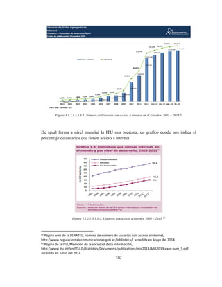 102
Figura 3.1.2.1.3.3.3-1: Número de Usuarios con acceso a Internet en el Ecuador. 2001 – 2013.82
De igual forma a nivel mundial la ITU nos presenta, un gráfico donde nos indica el
porcentaje de usuarios que tienen acceso a internet.
Figura 3.1.2.1.3.3.3-2: Usuarios con acceso a internet, 2003 – 2013. 83
82
Página web de la SENATEL, número de número de usuarios con acceso a internet,
http://www.regulaciontelecomunicaciones.gob.ec/biblioteca/, accedida en Mayo del 2014.
83
Página de la ITU, Medición de la sociedad de la información,
http://www.itu.int/en/ITU-D/Statistics/Documents/publications/mis2013/MIS2013-exec-sum_S.pdf,
accedida en Junio del 2014.
 