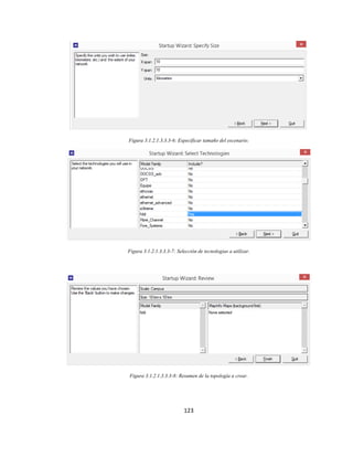 123
Figura 3.1.2.1.3.3.3-6: Especificar tamaño del escenario.
Figura 3.1.2.1.3.3.3-7: Selección de tecnologias a utilizar.
Figura 3.1.2.1.3.3.3-8: Resumen de la topología a crear.
 
