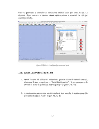 124
Una vez preparado el ambiente de simulación estamos listos para crear la red. La
siguiente figura muestra la ventana donde comenzaremos a construir la red que
queremos simular.
Figura 3.1.2.1.3.3.3-9: Ambiente listo para crear la red.
4.5.1.2 CREAR LA TOPOLOGÍA DE LA RED
1. Opnet Modeler nos ofrece una herramienta que nos facilita el construir una red,
el nombre de esta herramienta es “Rapid Configuration” y la encontramos en la
sección de menú la opción que dice “Topology” (Figura 4.5.1.2-1).
2. A continuación escogemos una topología de tipo estrella, la opción para ello
escogemos la opción “Start” (Figura 4.5.1.2-2).
 