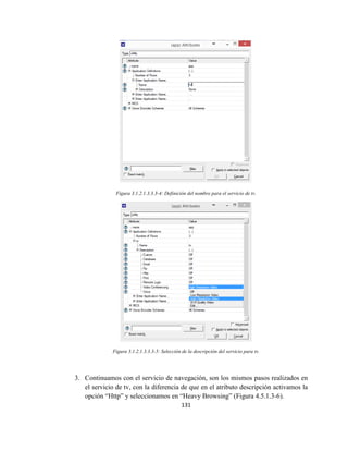 131
Figura 3.1.2.1.3.3.3-4: Definición del nombre para el servicio de tv.
Figura 3.1.2.1.3.3.3-5: Selección de la descripción del servicio para tv.
3. Continuamos con el servicio de navegación, son los mismos pasos realizados en
el servicio de tv, con la diferencia de que en el atributo descripción activamos la
opción “Http” y seleccionamos en “Heavy Browsing” (Figura 4.5.1.3-6).
 