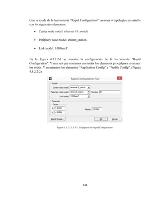 144
Con la ayuda de la herramienta “Rapid Configuration” creamos 4 topologías en estrella
con los siguientes elementos:
 Center node model: ethernet 16_switch.
 Periphery node model: etheret_station.
 Link model: 100BaseT.
En la Figura 4.5.2.2-1 se muestra la configuración de la herramienta “Rapid
Configuration”. Y una vez que contamos con todos los elementos procedemos a enlazar
los nodos. Y arrastramos los elementos “Application Config” y “Profile Config”. (Figura
4.5.2.2-2)
Figura 3.1.2.1.3.3.3-1: Configuración Rapid Configuration.
 