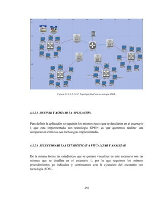 145
Figura 3.1.2.1.3.3.3-2: Topología final con tecnología ASDL.
4.5.2.3 DEFINIR Y ASIGNAR LA APLICACIÓN.
Para definir la aplicación se seguirán los mismos pasos que se detallaron en el escenario
1 que esta implementado con tecnología GPON ya que queremos realizar una
comparación entra las dos tecnologías implementadas.
4.5.2.4 SELECCIONAR LAS ESTADÍSTICAS A VISUALIZAR Y ANALIZAR
De la misma forma las estadísticas que se quieren visualizar en este escenario son las
mismas que se detallan en el escenario 1, por lo que seguimos los mismos
procedimientos ya indicados y continuamos con la ejecución del escenario con
tecnología ADSL.
 
