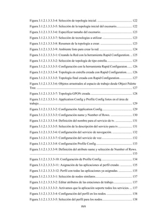 XVII
Figura 3.1.2.1.3.3.3-4: Selección de topología inicial. ............................................ 122
Figura 3.1.2.1.3.3.3-5: Selección de la topología inicial del escenario.................... 122
Figura 3.1.2.1.3.3.3-6: Especificar tamaño del escenario. ....................................... 123
Figura 3.1.2.1.3.3.3-7: Selección de tecnologias a utilizar. ..................................... 123
Figura 3.1.2.1.3.3.3-8: Resumen de la topología a crear. ........................................ 123
Figura 3.1.2.1.3.3.3-9: Ambiente listo para crear la red. ......................................... 124
Figura 3.1.2.1.3.3.3-1: Creando la Red con la herramienta Rapid Configuration. .. 125
Figura 3.1.2.1.3.3.3-2: Selección de topología de tipo estrella................................ 125
Figura 3.1.2.1.3.3.3-3: Configuración con la herramienta Rapid Configuraion. ..... 126
Figura 3.1.2.1.3.3.3-4: Topología en estrella creada con Rapid Configuration....... 126
Figura 3.1.2.1.3.3.3-5: Topología final creada con Rapid Configuration................ 127
Figura 3.1.2.1.3.3.3-6: Objetos arrastrados al espacio de trabajo desde Object Palette
Tree. ......................................................................................................................... 127
Figura 3.1.2.1.3.3.3-7: Topología GPON creada. .................................................... 128
Figura 3.1.2.1.3.3.3-1: Application Config y Profile Config listos en el área de
trabajo....................................................................................................................... 129
Figura 3.1.2.1.3.3.3-2: Configuración Application Config...................................... 129
Figura 3.1.2.1.3.3.3-3: Configuración name y Number of Rows. ........................... 130
Figura 3.1.2.1.3.3.3-4: Definición del nombre para el servicio de tv. ..................... 131
Figura 3.1.2.1.3.3.3-5: Selección de la descripción del servicio para tv.................. 131
Figura 3.1.2.1.3.3.3-6: Configuración del servicio de navegación. ......................... 132
Figura 3.1.2.1.3.3.3-7: Configuración del servicio de voz....................................... 132
Figura 3.1.2.1.3.3.3-8: Configuración Profile Config.............................................. 133
Figura 3.1.2.1.3.3.3-9: Definición del atributo name y selección de Number of Rows.
.................................................................................................................................. 133
Figura 3.1.2.1.3.3.3-10: Configuración de Profile Config....................................... 134
Figura 3.1.2.1.3.3.3-11: Asignación de las aplicaciones al perfil creado. ............... 135
Figura 3.1.2.1.3.3.3-12: Perfil con todas las aplicaciones ya asignadas. ................. 135
Figura 3.1.2.1.3.3.3-1: Selección de nodos similares............................................... 137
Figura 3.1.2.1.3.3.3-2: Editar atributos de las estaciones de trabajo........................ 137
Figura 3.1.2.1.3.3.3-3: Activamos que la aplicación soporte todos los servicios.... 137
Figura 3.1.2.1.3.3.3-4: Configuración del perfil en los nodos. ................................ 138
Figura 3.1.2.1.3.3.3-5: Selección del perfil para los nodos...................................... 138
 