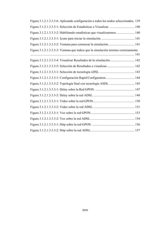 XVIII
Figura 3.1.2.1.3.3.3-6: Aplicando configuración a todos los nodos seleccionados. 139
Figura 3.1.2.1.3.3.3-1: Selección de Estadísticas a Visualizar. ............................... 140
Figura 3.1.2.1.3.3.3-2: Habilitando estadísticas que visualizaremos....................... 140
Figura 3.1.2.1.3.3.3-1: Icono para iniciar la simulación. ......................................... 141
Figura 3.1.2.1.3.3.3-2: Ventana para comenzar la simulación................................. 141
Figura 3.1.2.1.3.3.3-3: Ventana que indica que la simulación termino correctamente.
.................................................................................................................................. 141
Figura 3.1.2.1.3.3.3-4: Visualizar Resultados de la simulación............................... 142
Figura 3.1.2.1.3.3.3-5: Selección de Resultados a visualizar................................... 142
Figura 3.1.2.1.3.3.3-1: Selección de tecnología xDSL. ........................................... 143
Figura 3.1.2.1.3.3.3-1: Configuración Rapid Configuration.................................... 144
Figura 3.1.2.1.3.3.3-2: Topología final con tecnología ASDL. ............................... 145
Figura 3.1.2.1.3.3.3-1: Delay sobre la Red GPON. ................................................. 147
Figura 3.1.2.1.3.3.3-2: Delay sobre la red ADSL. ................................................... 148
Figura 3.1.2.1.3.3.3-1: Video sobre la red GPON.................................................... 150
Figura 3.1.2.1.3.3.3-2: Video sobre la red ADSL.................................................... 151
Figura 3.1.2.1.3.3.3-1: Voz sobre la red GPON....................................................... 153
Figura 3.1.2.1.3.3.3-2: Voz sobre la red ADSL. ...................................................... 154
Figura 3.1.2.1.3.3.3-1: Http sobre la red GPON. ..................................................... 156
Figura 3.1.2.1.3.3.3-2: Http sobre la red ADSL....................................................... 157
 