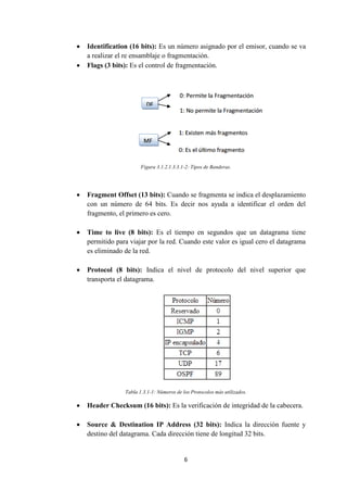 6
 Identification (16 bits): Es un número asignado por el emisor, cuando se va
a realizar el re ensamblaje o fragmentación.
 Flags (3 bits): Es el control de fragmentación.
Figura 3.1.2.1.3.3.1-2: Tipos de Banderas.
 Fragment Offset (13 bits): Cuando se fragmenta se indica el desplazamiento
con un número de 64 bits. Es decir nos ayuda a identificar el orden del
fragmento, el primero es cero.
 Time to live (8 bits): Es el tiempo en segundos que un datagrama tiene
permitido para viajar por la red. Cuando este valor es igual cero el datagrama
es eliminado de la red.
 Protocol (8 bits): Indica el nivel de protocolo del nivel superior que
transporta el datagrama.
Tabla 1.3.1-1: Números de los Protocolos más utilizados.
 Header Checksum (16 bits): Es la verificación de integridad de la cabecera.
 Source & Destination IP Address (32 bits): Indica la dirección fuente y
destino del datagrama. Cada dirección tiene de longitud 32 bits.
 
