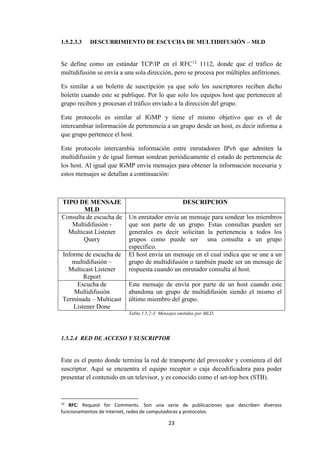23
1.5.2.3.3 DESCUBRIMIENTO DE ESCUCHA DE MULTIDIFUSIÓN – MLD
Se define como un estándar TCP/IP en el RFC12
1112, donde que el tráfico de
multidifusión se envía a una sola dirección, pero se procesa por múltiples anfitriones.
Es similar a un boletín de suscripción ya que solo los suscriptores reciben dicho
boletín cuando este se publique. Por lo que solo los equipos host que pertenecen al
grupo reciben y procesan el tráfico enviado a la dirección del grupo.
Este protocolo es similar al IGMP y tiene el mismo objetivo que es el de
intercambiar información de pertenencia a un grupo desde un host, es decir informa a
que grupo pertenece el host.
Este protocolo intercambia información entre enrutadores IPv6 que admiten la
multidifusión y de igual forman sondean periódicamente el estado de pertenencia de
los host. Al igual que IGMP envía mensajes para obtener la información necesaria y
estos mensajes se detallan a continuación:
TIPO DE MENSAJE
MLD
DESCRIPCION
Consulta de escucha de
Multidifusión -
Multicast Listener
Query
Un enrutador envía un mensaje para sondear los miembros
que son parte de un grupo. Estas consultas pueden ser
generales es decir solicitan la pertenencia a todos los
grupos como puede ser una consulta a un grupo
específico.
Informe de escucha de
multidifusión –
Multicast Listener
Report
El host envía un mensaje en el cual indica que se une a un
grupo de multidifusión o también puede ser un mensaje de
respuesta cuando un enrutador consulta al host.
Escucha de
Multidifusión
Terminada – Multicast
Listener Done
Este mensaje de envía por parte de un host cuando este
abandona un grupo de multidifusión siendo el mismo el
último miembro del grupo.
Tabla 1.5.2-3: Mensajes emitidos por MLD.
1.5.2.4 RED DE ACCESO Y SUSCRIPTOR
Este es el punto donde termina la red de transporte del proveedor y comienza el del
suscriptor. Aquí se encuentra el equipo receptor o caja decodificadora para poder
presentar el contenido en un televisor, y es conocido como el set-top box (STB).
12
RFC: Request for Comments. Son una serie de publicaciones que describen diversos
funcionamientos de Internet, redes de computadoras y protocolos.
 