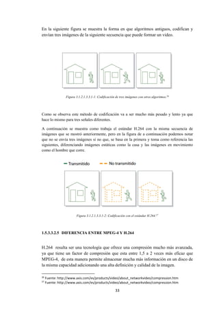 33
En la siguiente figura se muestra la forma en que algoritmos antiguos, codifican y
envían tres imágenes de la siguiente secuencia que puede formar un video.
Figura 3.1.2.1.3.3.1-1: Codificación de tres imágenes con otros algoritmos.26
Como se observa este método de codificación va a ser mucho más pesado y lento ya que
hace lo mismo para tres señales diferentes.
A continuación se muestra como trabaja el estándar H.264 con la misma secuencia de
imágenes que se mostró anteriormente, pero en la figura de a continuación podemos notar
que no se envía tres imágenes si no que, se basa en la primera y toma como referencia las
siguientes, diferenciando imágenes estáticas como la casa y las imágenes en movimiento
como el hombre que corre.
Figura 3.1.2.1.3.3.1-2: Codificación con el estándar H.264.27
1.5.3.3.2.5 DIFERENCIA ENTRE MPEG-4 Y H.264
H.264 resulta ser una tecnología que ofrece una compresión mucho más avanzada,
ya que tiene un factor de compresión que esta entre 1,5 a 2 veces más eficaz que
MPEG-4, de esta manera permite almacenar mucha más información en un disco de
la misma capacidad adicionando una alta definición y calidad de la imagen.
26
Fuente: http://www.axis.com/es/products/video/about_networkvideo/compression.htm
27
Fuente: http://www.axis.com/es/products/video/about_networkvideo/compression.htm
 