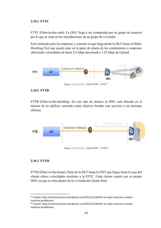 63
2.10.1 FTTC
FTTC (Fiber-to-the-curb). La ONU llega a ser compartida por un grupo de usuarios
por lo que se sitúa en las inmediaciones de un grupo de viviendas.
Está orientado para las empresas y consiste en que llega desde la OLT hasta el Multi-
Dwelling Unit que puede estar en la parte de afuera de los condominios o empresas
ofreciendo velocidades de hasta 2.5 Gbps download y 1.25 Gbps de Upload.
Figura 3.1.2.1.3.3.1-1: Red GPON – FTTC.47
2.10.2 FTTB
FTTB (Fiber-to-the-building). En este tipo de alcance la ONU está ubicada en el
interior de un edificio, teniendo como objetivo brindar este servicio a sus distintas
oficinas.
Figura 3.1.2.1.3.3.1-1: Red GPON – FTTB.48
2.10.3 FTTH
FTTH (Fiber-to-the-home). Parte de la OLT hasta la ONT que llegas hasta la casa del
cliente ofrece velocidades similares a la FFTC. Cada cliente cuanta con su propia
ONU ya que se sitúa dentro de la vivienda del cliente final.
47
Fuente: http://martinmoreton.wordpress.com/2011/11/26/fttc-la-mejor-solucion-a-todos-
nuestros-problemas/
48
Fuente: http://martinmoreton.wordpress.com/2011/11/26/fttc-la-mejor-solucion-a-todos-
nuestros-problemas/
 
